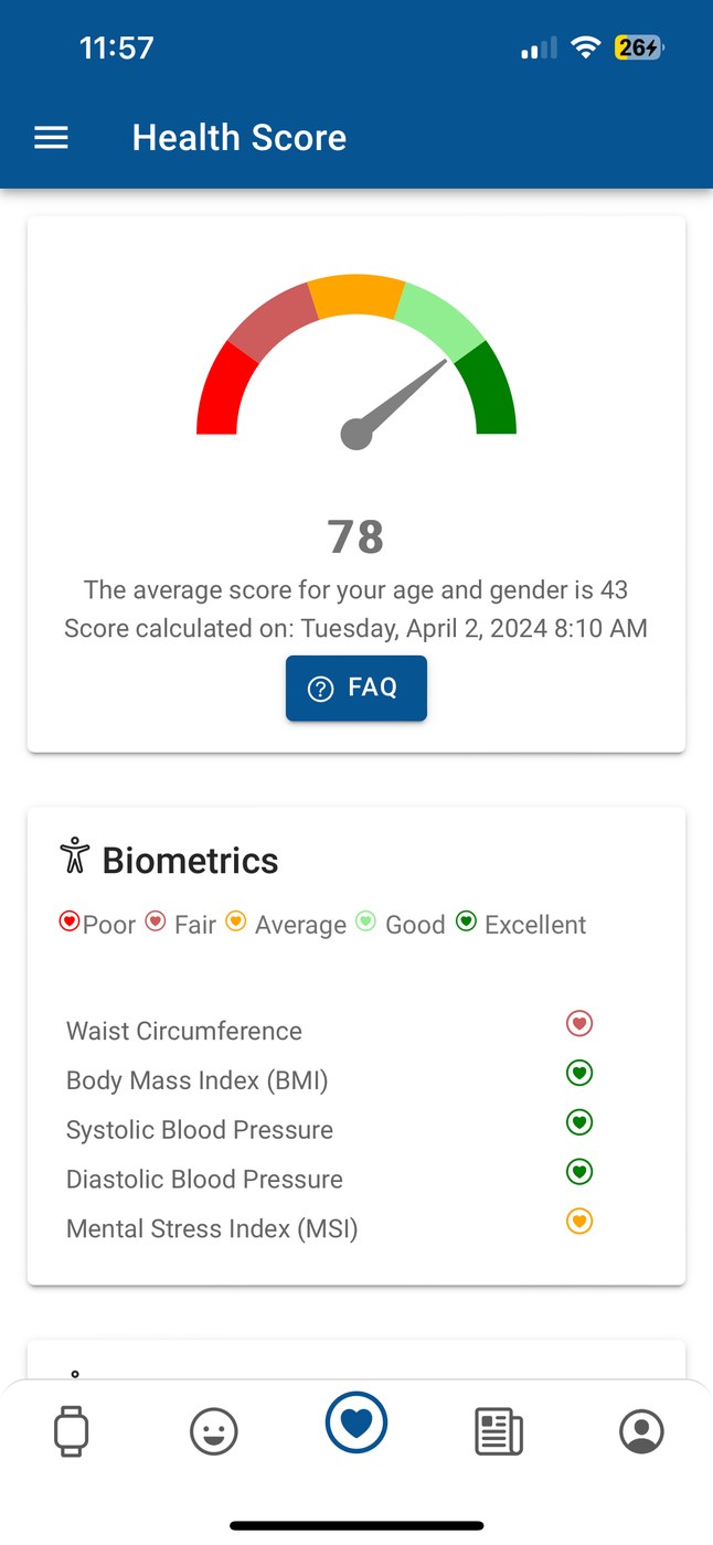 The old VivaScore health score screen: a speedometer dial reading 78 above a list of biometrics each marked Poor to Excellent.