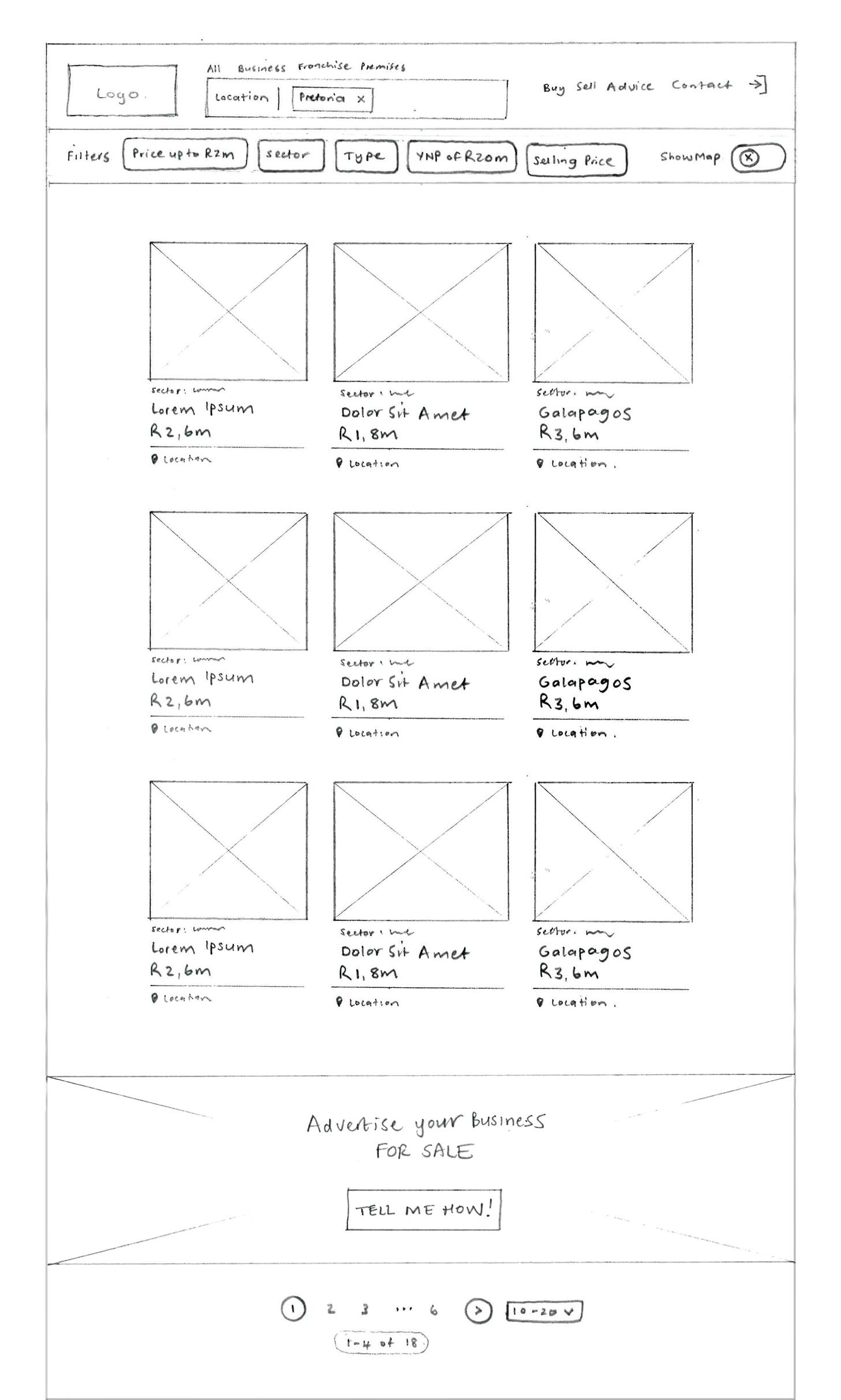 A wireframe of the search results page with the map closed, showing a filter bar, a grid of listings and an advertise band.