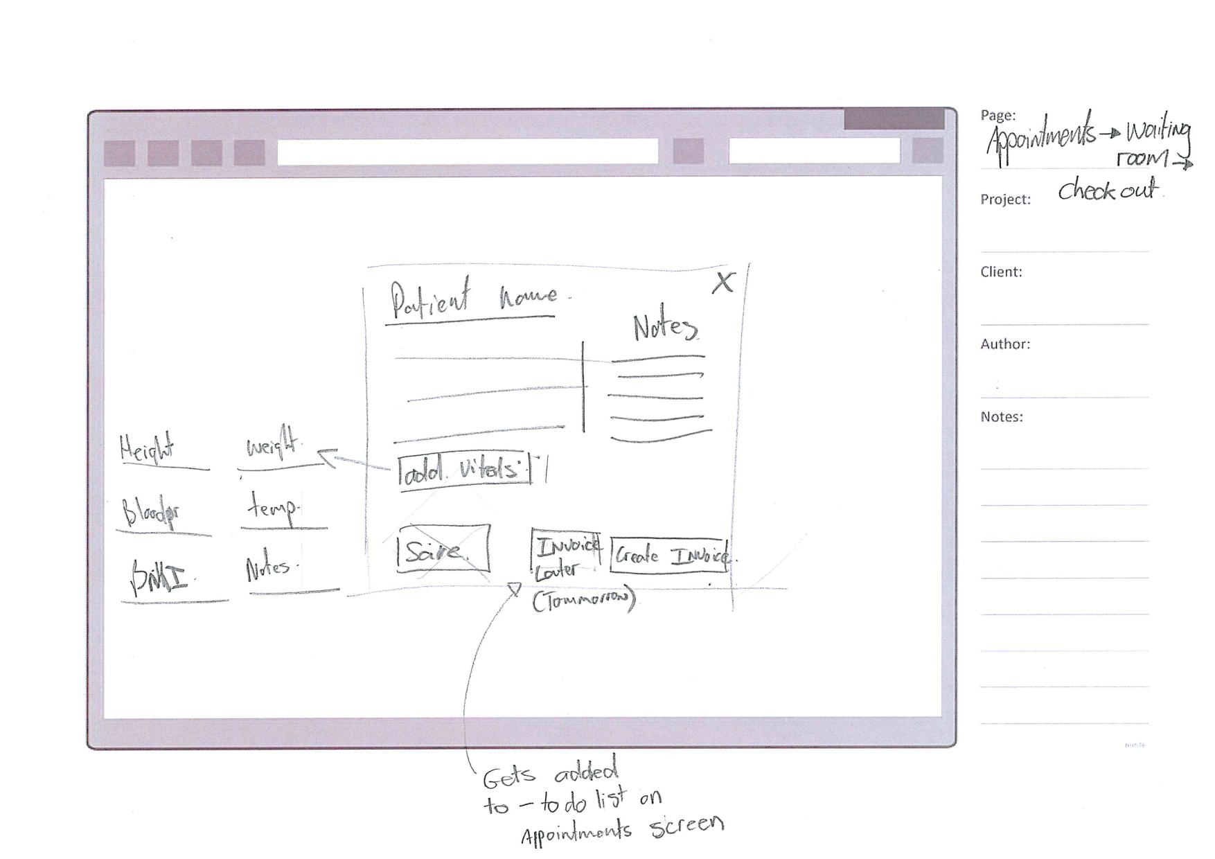 A hand-drawn wireframe of a patient panel showing height, weight, blood pressure and notes fields, with buttons to save or create an invoice.