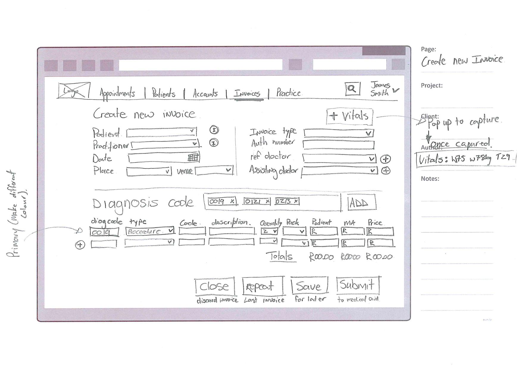 A hand-drawn wireframe of a create-new-invoice screen with patient and practitioner fields, a diagnosis code area and a line-item table.
