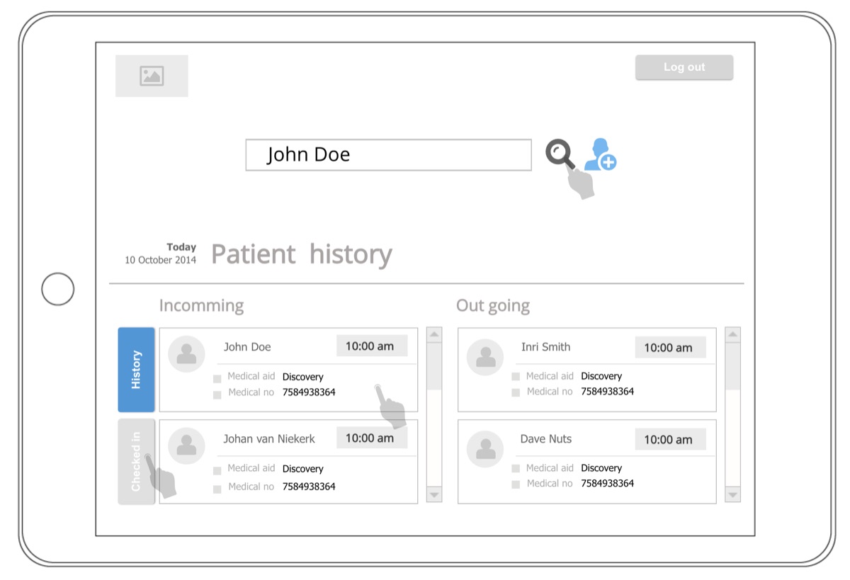 A tablet wireframe of the patient search screen, with a search field and lists of incoming and outgoing patients for the day.