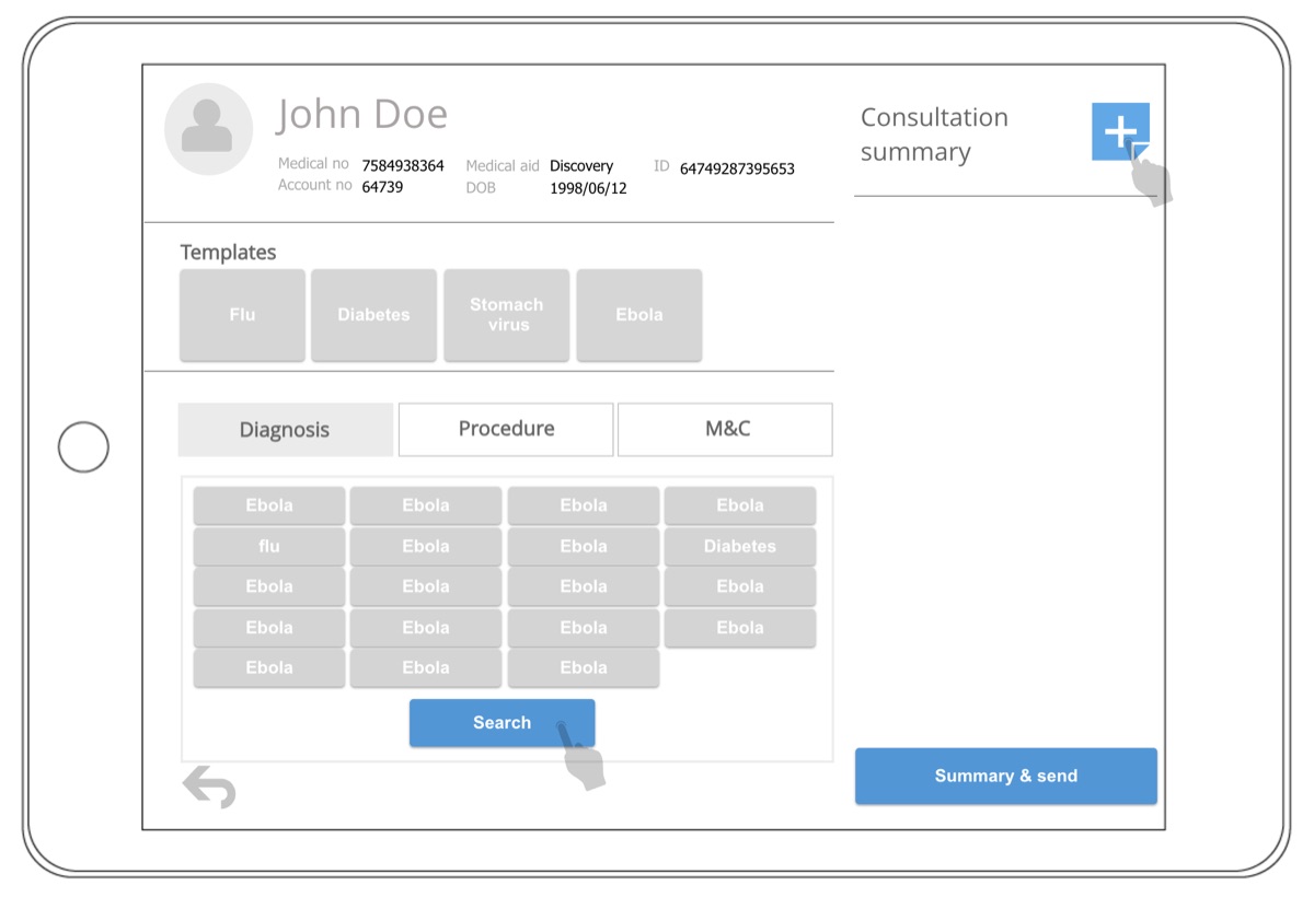 A tablet wireframe of the consultation screen, with templates, diagnosis, procedure and medicine tabs and a consultation summary panel.