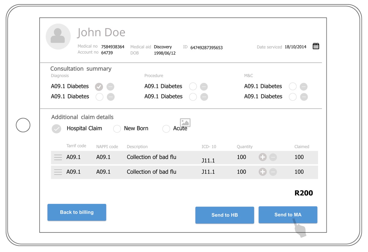 A tablet wireframe of the claim summary screen, with claim line items, a total and buttons to send to Health Bridge or the medical aid.