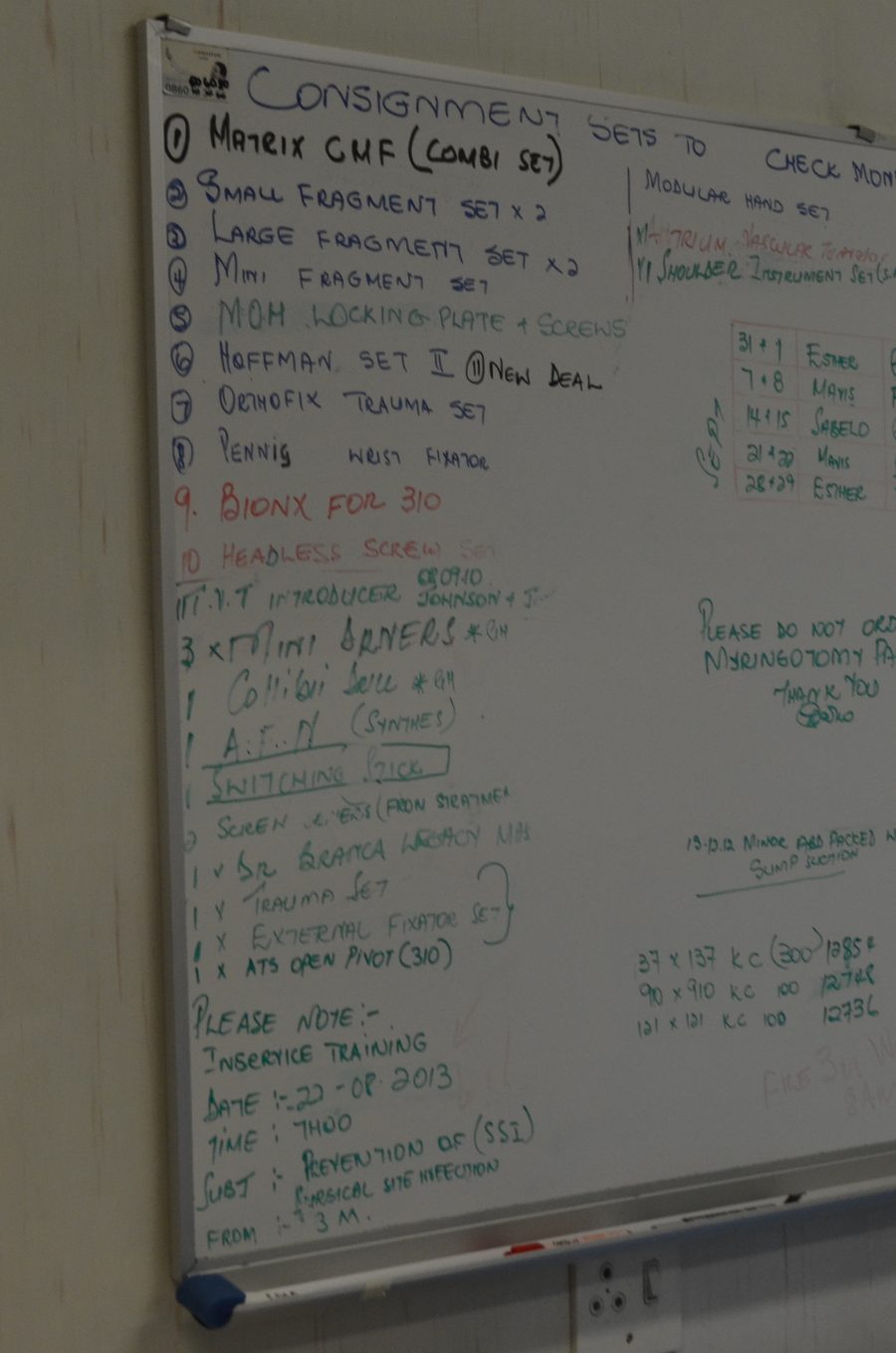 A whiteboard headed Consignment Sets to Check Mondays, covered in handwritten stock lists and a roster grid.
