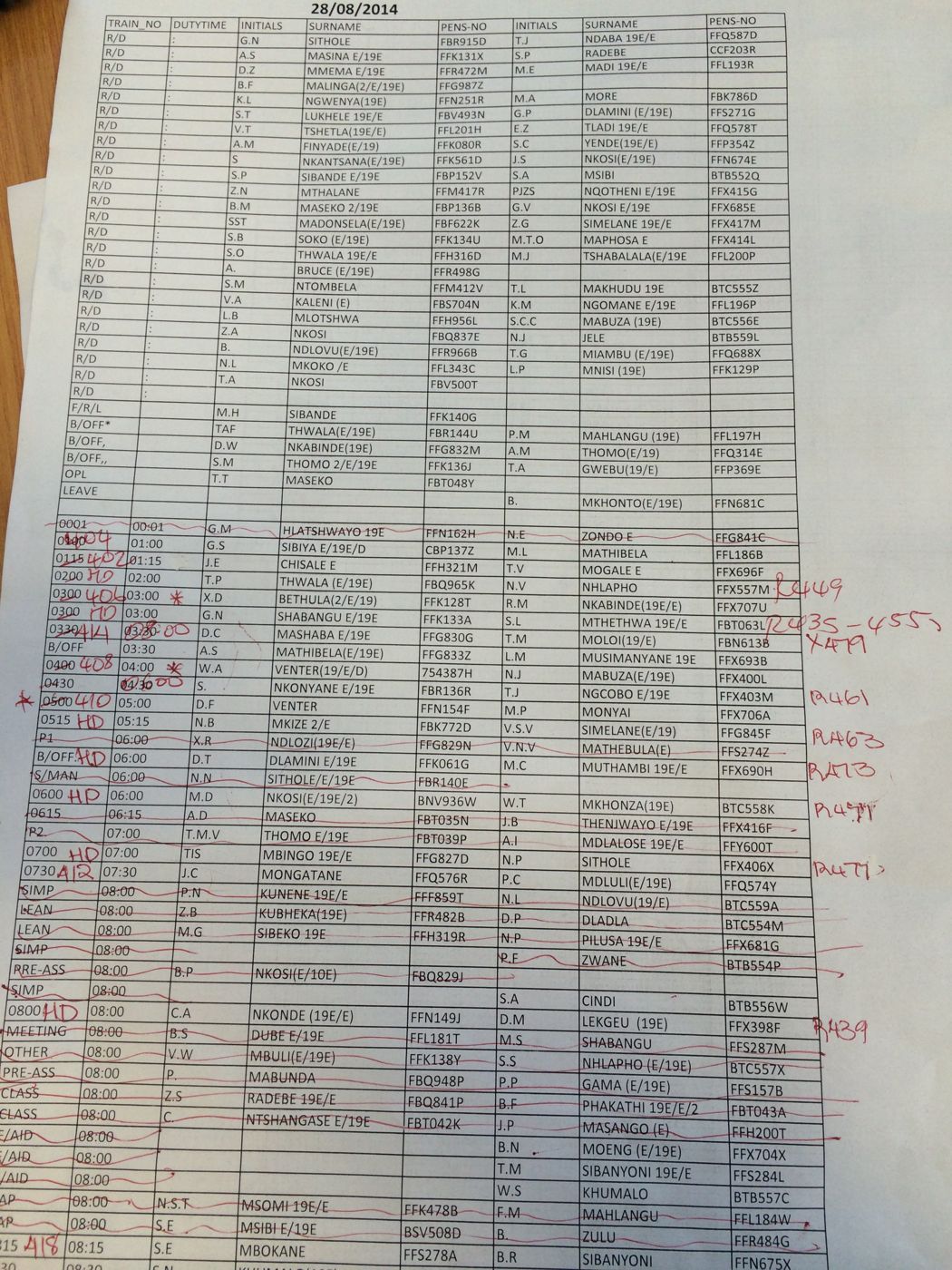 A long hand-annotated train schedule sheet.