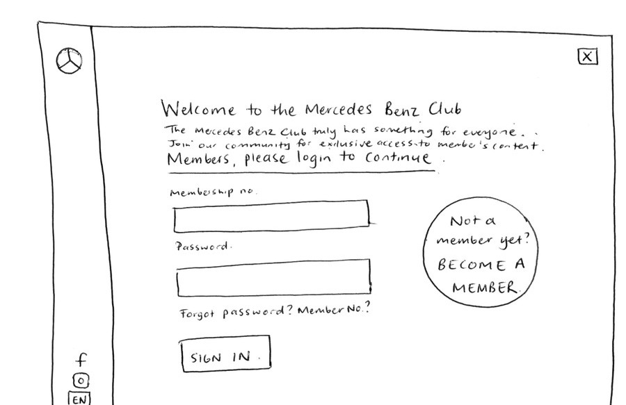 A hand-drawn wireframe of the member sign-in screen, with membership number and password fields and a prompt to become a member.