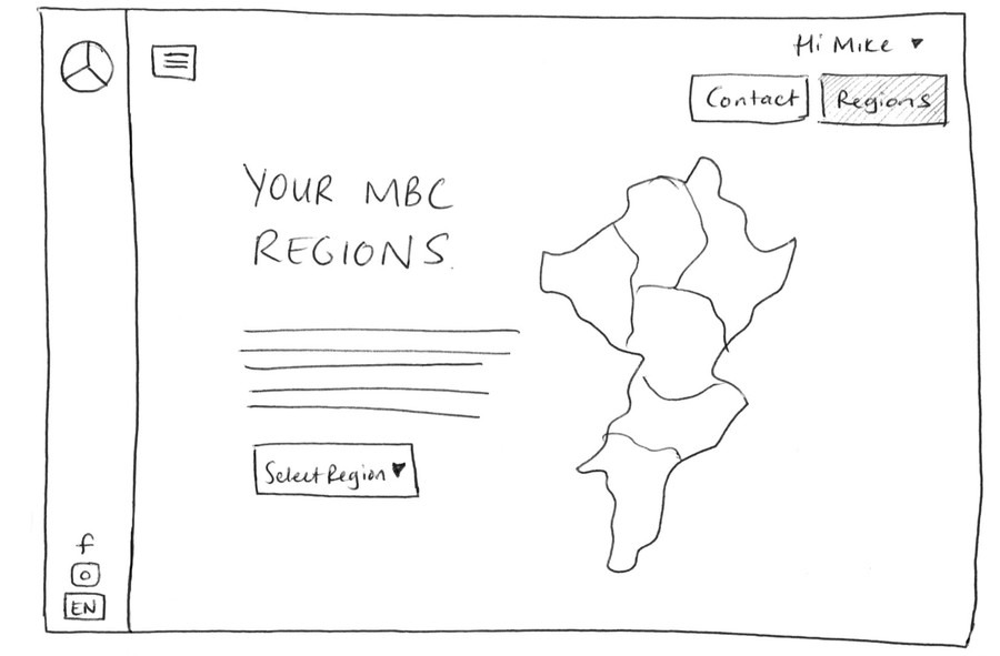 A hand-drawn wireframe of the regions page: a headline, a select-region control and a map of the club's regions.