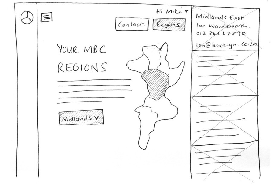 A hand-drawn wireframe of the regions page with one region selected, showing that region's organiser contact details in a side panel.