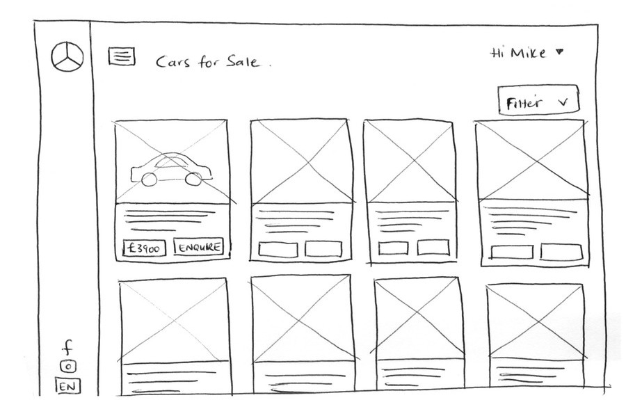 A hand-drawn wireframe of the cars for sale listings: a filter and a grid of car cards with prices and enquire buttons.