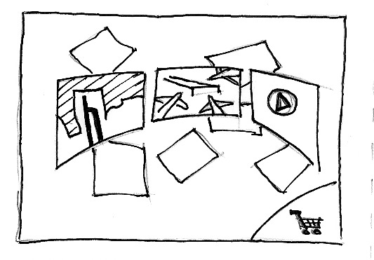 Early sketch of a set of fanned-open portals arranged around a screen, with a shopping-cart icon in the corner.