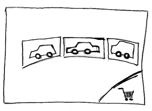 Sketch of a set of car-rental options laid out on a curved surface, ready to browse, with a shopping-cart icon in the corner.