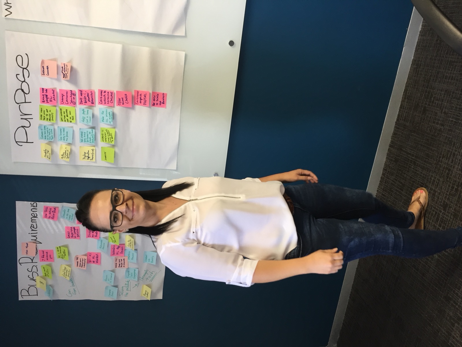 Business requirements and purpose worked through sticky note by sticky note on whiteboards, with a woman standing beside the boards.