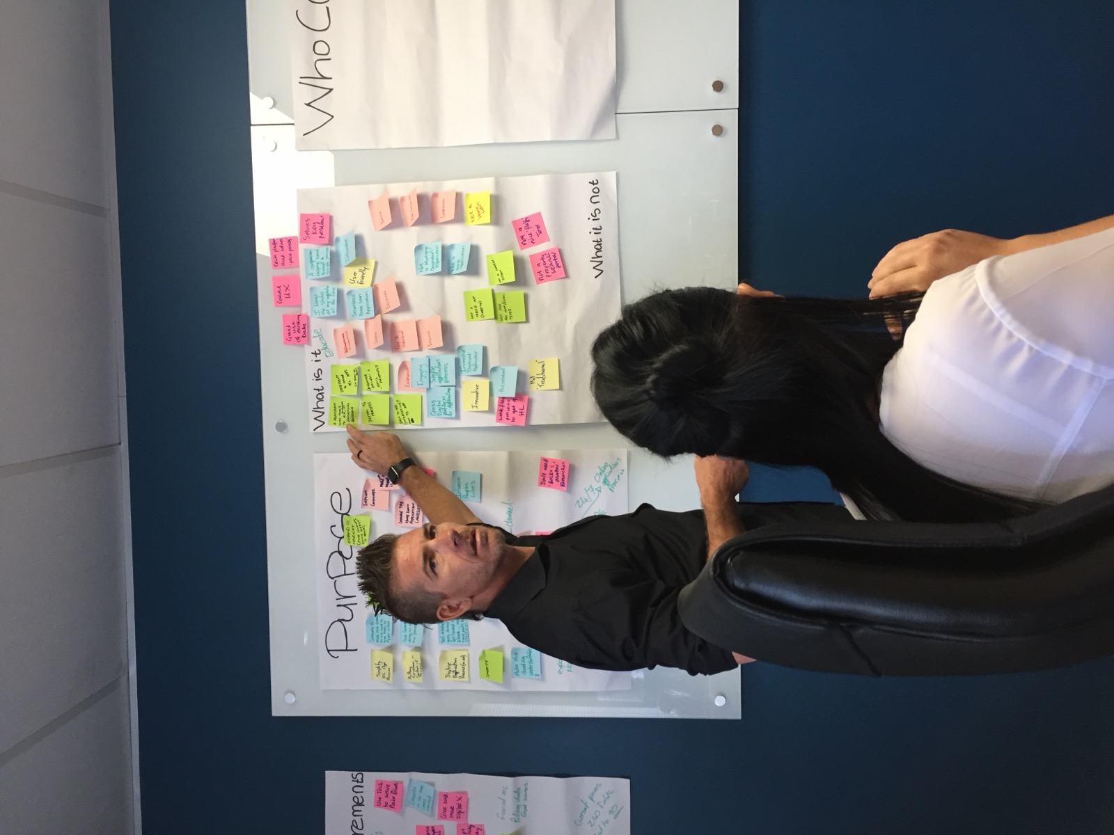 A man pointing at a What is it and What it is not whiteboard, with a colleague looking on.